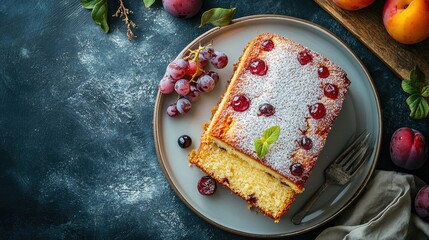 Delicious homemade plum cake with a soft sponge and fresh fruit, arranged beautifully on a plate. Top-down view.