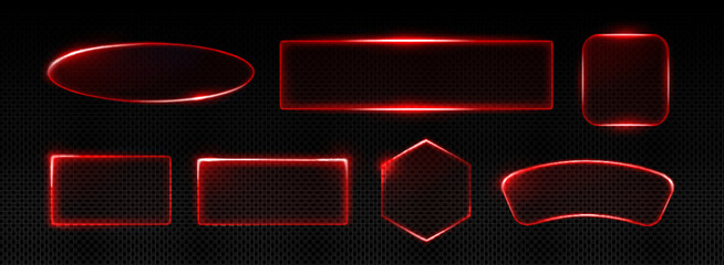 Neon frame collection with glowing red outlines with glass effect. Illuminated geometric shapes - oval, rectangle, square, hexagon set on dark background. Transparent borders for cyberpunk design.