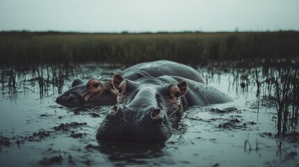 Hippos in Shallow Water Relaxing Together in Marsh