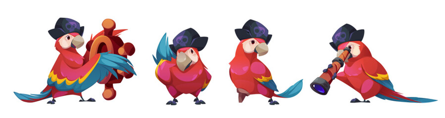 Pirate parrot character set with black hat and skull emblem - crimson feathered bird in different poses with spyglass, steer ship with wooden wheel, standing with wood leg. Macaw mascot design. © klyaksun