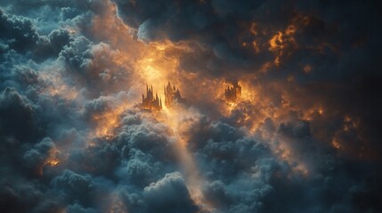 Fototapeta premium Fantasy castle perched atop fiery clouds amidst a stormy sky.
