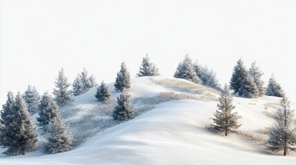 Fototapeta premium A rolling snowy hillside dotted with evergreen trees, creating a classic winter landscape on transparent background