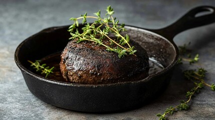 A rustic pot roast in a cast-iron skillet, isolated on a minimalist grey surface with garnishes of fresh thyme