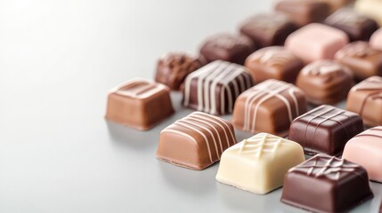 Pastel chocolates idea. Assorted chocolates arranged beautifully on a smooth surface, perfect for indulgence.