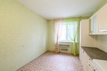 interior apartment kitchen and dining room, refectory area, cooking equipment, table furniture, stove