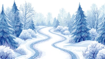 A snow-covered country road winding through frosty trees, creating a classic winter landscape on transparent background