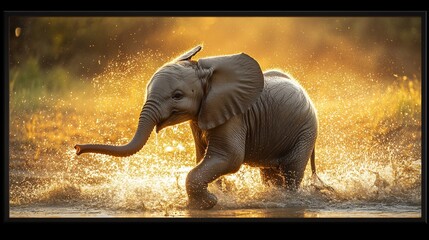 Adorable baby elephant running through water, bathed in golden sunlight.
