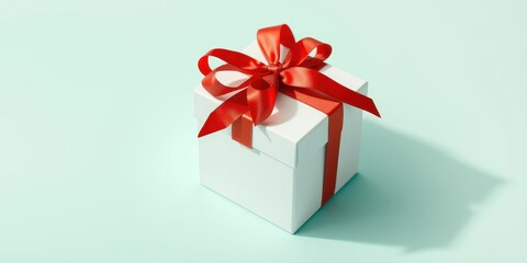 A pristine white gift box adorned with a vibrant red ribbon, a symbol of celebration and thoughtful presentation.