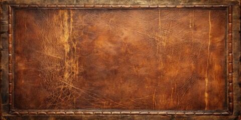 Rich Brown Leather Texture with Decorative Stitching A Detailed Close-Up Showing Aged, Worn Appearance