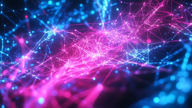 A burst of neon pink and electric blue intersecting in a web-like formation, creating a digital, tech-inspired background.
