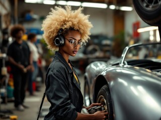 Naklejka premium Young African American woman mechanic repairing a vintage car
