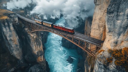 A vintage train on a dramatic metal bridge over a rushing river gorge, amidst dramatic clouds and rocky cliffs.