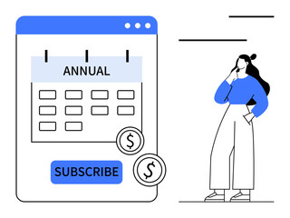 Calendar labeled Annual, subscription button, coins, and person touching chin thoughtfully. Ideal for subscription services, financial planning, budgeting, scheduling, commitment decision-making