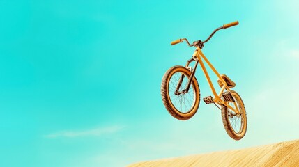 Fototapeta premium Bright Yellow Bicycle in Mid-Air Against a Clear Blue Sky