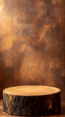 A rustic wooden podium with a matte finish and an empty display space, set against a warm earth-tone background.