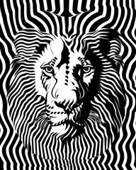 Fototapeta premium Lion portrait on abstract strips background. illustration