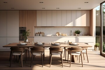 A kitchen with white cabinets and a dining table