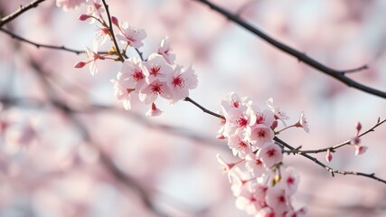Obraz premium Delicate Pink Blossoms on a Branch, Softly Illuminated by Sunlight, a Gentle Breeze Rustling the Petals