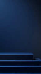 Obraz premium A sleek black podium with sharp edges, featuring an empty space for display, set on a dark, moody blue background.