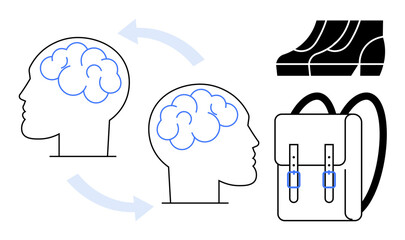 Two heads with brains connected by bi-directional arrows, school shoes, and a backpack. Ideal for education, learning, knowledge sharing, school, student life, mental growth teamwork abstract line