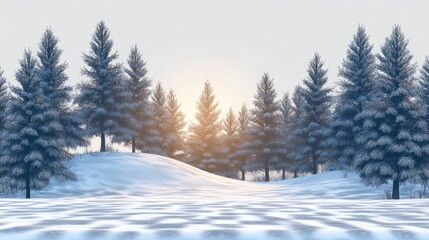 A sparkling winter landscape with sunlit snowfields and tall pine trees, on transparent background