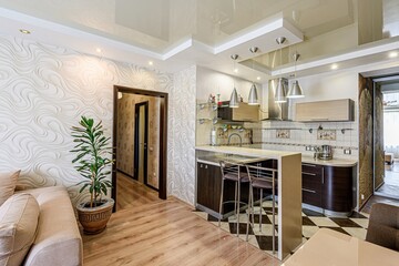 interior apartment kitchen and dining room, refectory area, cooking equipment, table furniture, stove