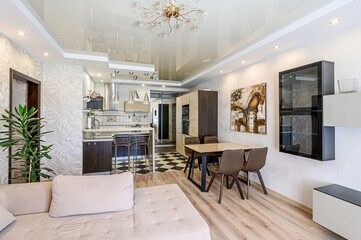 interior apartment kitchen and dining room, refectory area, cooking equipment, table furniture, stove