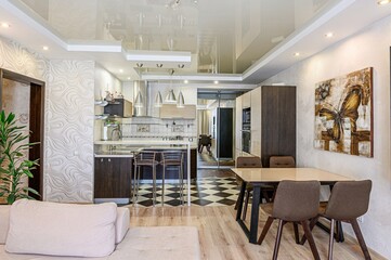interior apartment kitchen and dining room, refectory area, cooking equipment, table furniture, stove