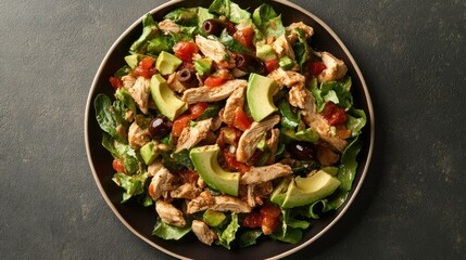Obraz premium Fresh and zesty Santa Fe chicken salad with Tex-Mex flavors, served with avocado and olives on a plate. Horizontal top view.