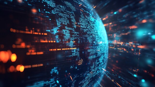 A data explosion in a dark cyber world, with brilliant light trails, vibrant particles, and fragmented digital information floating outward.