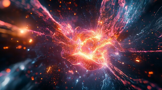 A detailed digital explosion of data, featuring glowing lines, binary code, and holographic fragments in a dark, futuristic environment.