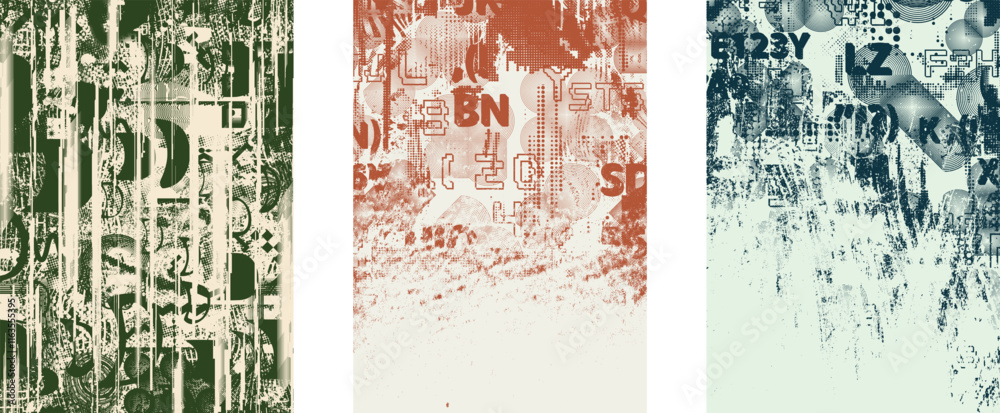 Poster Set of posters with glitch distorted grunge texture. Poster collection texture with halftone dots, glitched shapes, textures and lines .Screen print vector poster pack with grunge textured surface