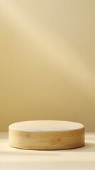 A light wooden podium with a smooth, unfinished texture and an empty display space, set against a soft yellow background.