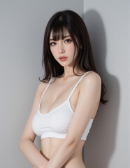 Naklejka premium Young Female Model - Beautiful Woman with Perfect Features - Perfect Smooth Skin and Dark Brown Long Hair - Brown Eyes and Plump Lips - White Bra or Laced Top - Fashion, Cosmetics, Profile Portrait
