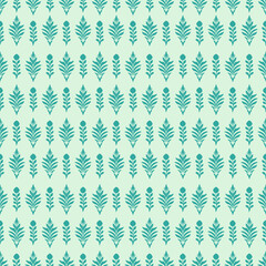 Seamless teal leaf pattern on light green background, perfect for wallpaper or fabric design, creating fresh and natural ambiance
