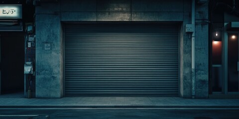Nighttime Urban Alleyway Scene: Closed Metal Roll-Up Door in a Dark City Street Setting