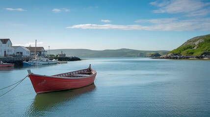 A serene photo of a wooden fishing boat tied up in a tranquil harbor. The boat is painted red and is surrounded by calm, blue waters. The harbor is lined with white buildings. In the background, there