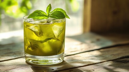 Iced matcha tea in a modern clear glass, placed on a wooden table with natural lighting and space for text.
