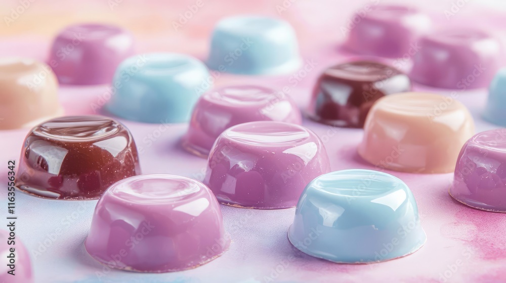 Poster pastel chocolates concept. colorful candies arranged on a pastel background create a vibrant and swe