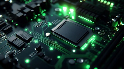 Close-up of a glowing circuit board with a central processor.