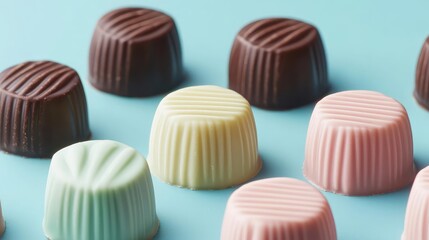 Pastel chocolates concept. Colorful assorted chocolates arranged beautifully on a turquoise background.