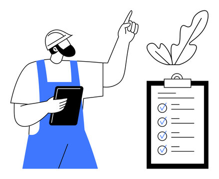 Construction worker in blue overalls holding a tablet, pointing up, clipboard with checklist and leaf. Ideal for workflow management, task completion, safety checks, planning, organization