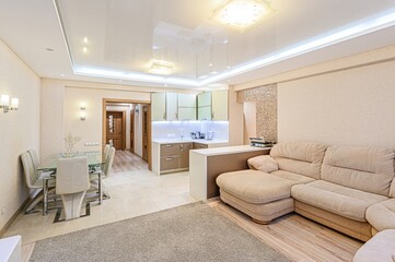 interior apartment kitchen and dining room, refectory area, cooking equipment, table furniture, stove