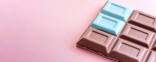 Fototapeta premium Pastel chocolates idea. Close-up of chocolate bar with pink background, featuring blue and brown chocolate pieces.