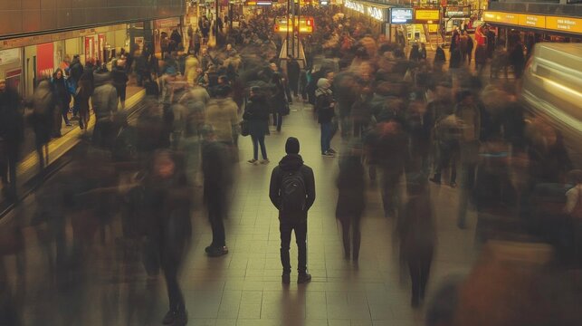 A lone figure stands in a bustling train station, surrounded by a blurred crowd of commuters.