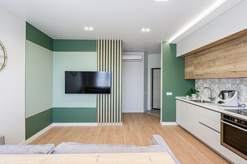 interior apartment kitchen and dining room, refectory area, cooking equipment, table furniture, stove