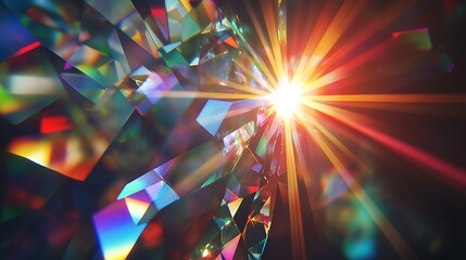 A geometric kaleidoscope of radiant light, with vibrant red, green, and blue facets shimmering on a dark canvas.