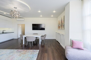 interior apartment kitchen and dining room, refectory area, cooking equipment, table furniture, stove