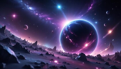 A large purple planet is surrounded by many small planets. Background. Abstract. Graphics.