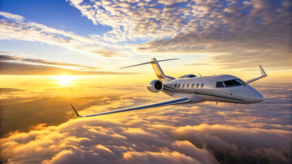 private luxury jet soared gracefully through vibrant morning sky with wide-angle view of sun-kissed clouds below, offering a panoramic view of world awakening to a new day sunrise